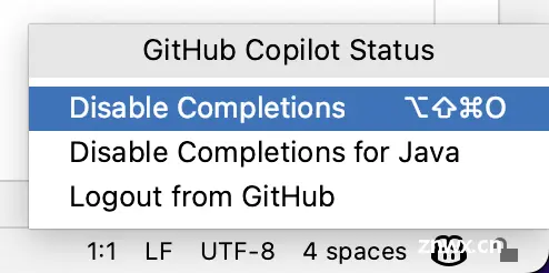 全局或为当前语言禁用 GitHub Copilot 的选项的屏幕截图。