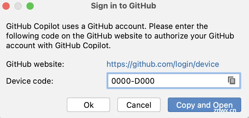 “登录到 GitHub”对话框的屏幕截图。 设备代码显示在标记为“复制并打开”的按钮上方。