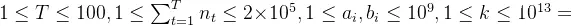 1 \leq T \leq 100, 1 \leq \sum^T_{t=1}n_t \leq 2 \times 10^5, 1\leq a_i, b_i \leq 10^9, 1\leq k \leq 10^{13}