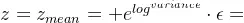 z = z_{mean} + e^{log^{variance}} \cdot \epsilon