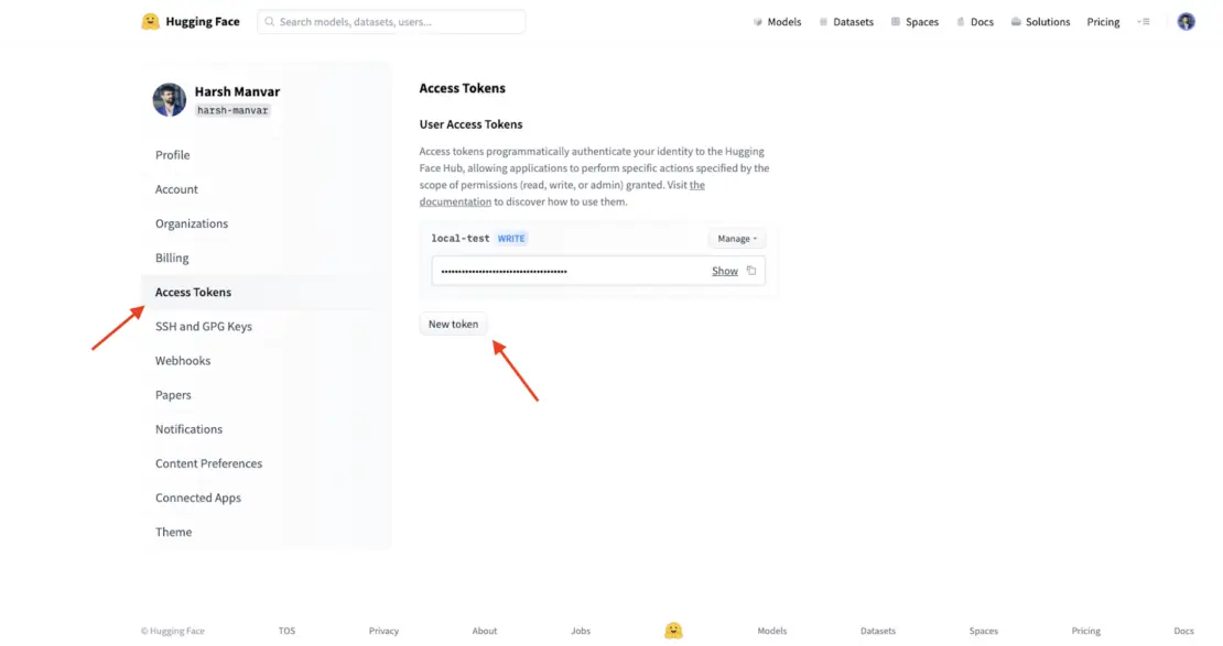 Hugging Face 个人资料设置的屏幕截图；选择访问令牌。