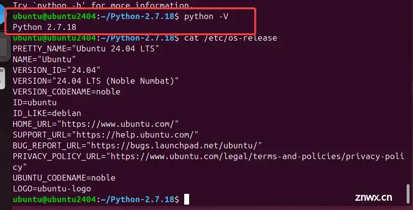 在 Ubuntu 24.04 上安装并检查 Python 2.7 版本