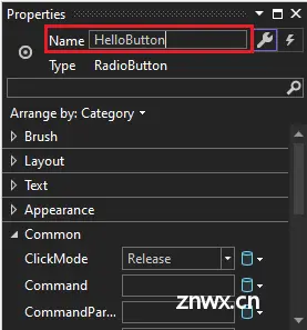 Screenshot of the Properties window for a RadioButton control. The value of the Name property has been changed to HelloButton.