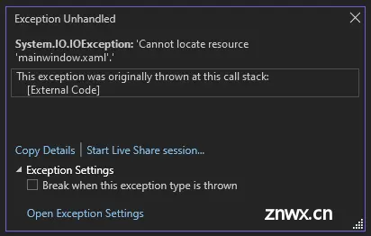 Screenshot of the Output window showing a System.IO.IOException with the message, Cannot locate resource mainwindow.xaml.