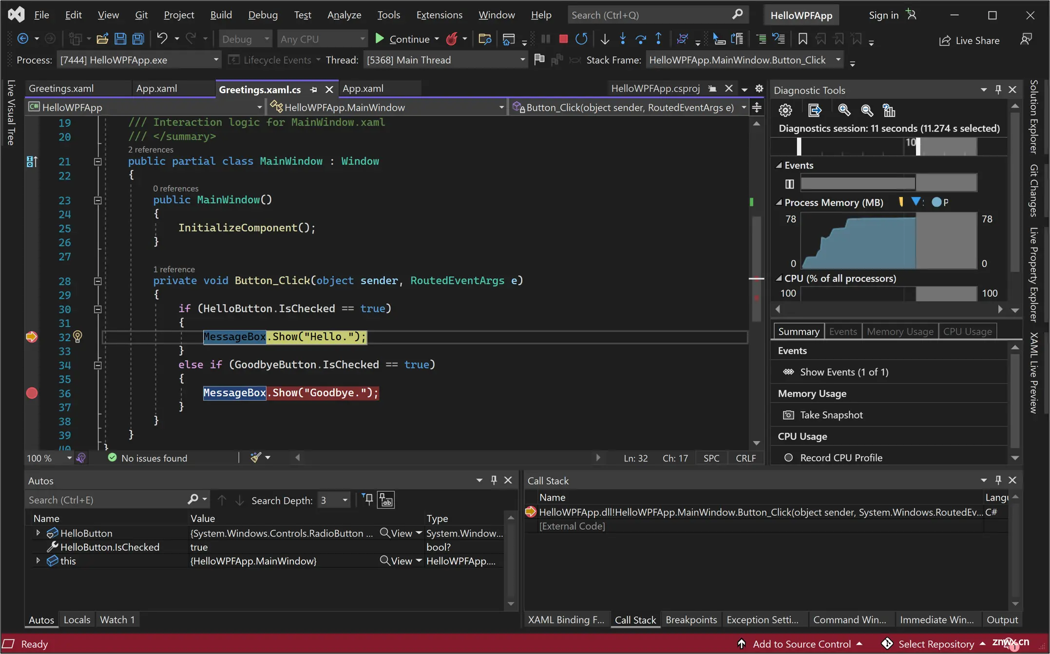 Screenshot of a debug session in Visual Studio. The code window for Greetings.xaml.cs shows execution stopped at a breakpoint with a line highlighted in yellow.