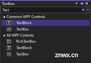 Screenshot of the Toolbox window with the TextBlock control selected in the list of Common WPF Controls.