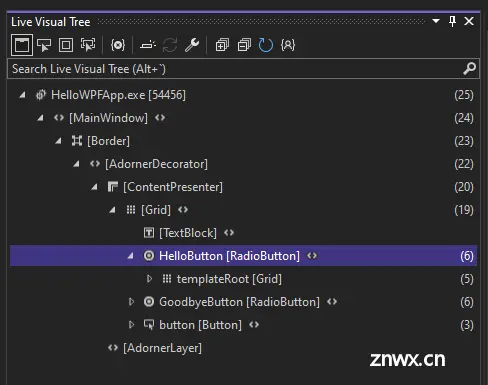 Screenshot of the Live Visual Tree window, showing the tree of visual elements in HelloWPFApp.exe while it's running.