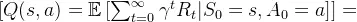 [ Q(s, a) = \mathbb{E} \left[ \sum_{t=0}^{\infty} \gamma^t R_t | S_0 = s, A_0 = a \right] ]