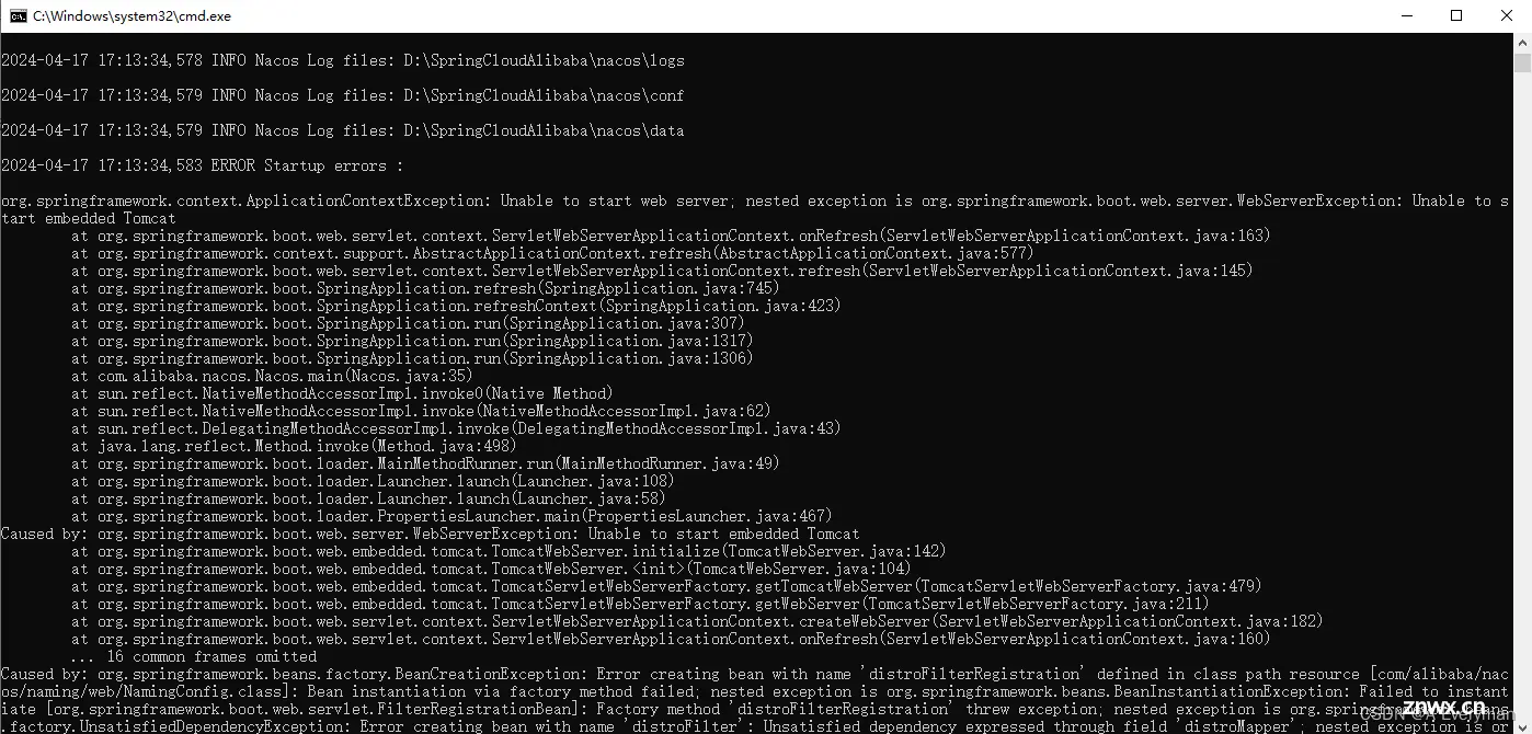 nacos2.2.1启动报错：org.springframework.context.ApplicationContextException: Unable to start web server；等