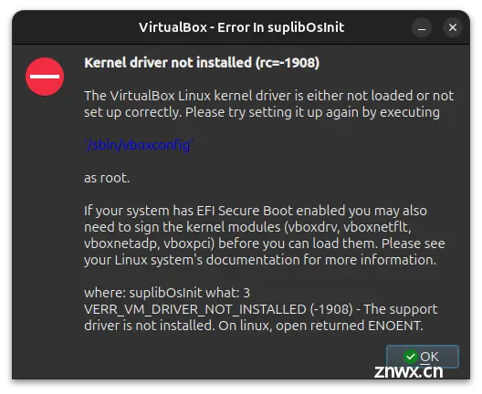 Ubuntu 24.04使用virtualBox启动虚拟机提示Kernel driver not installed的解决办法 